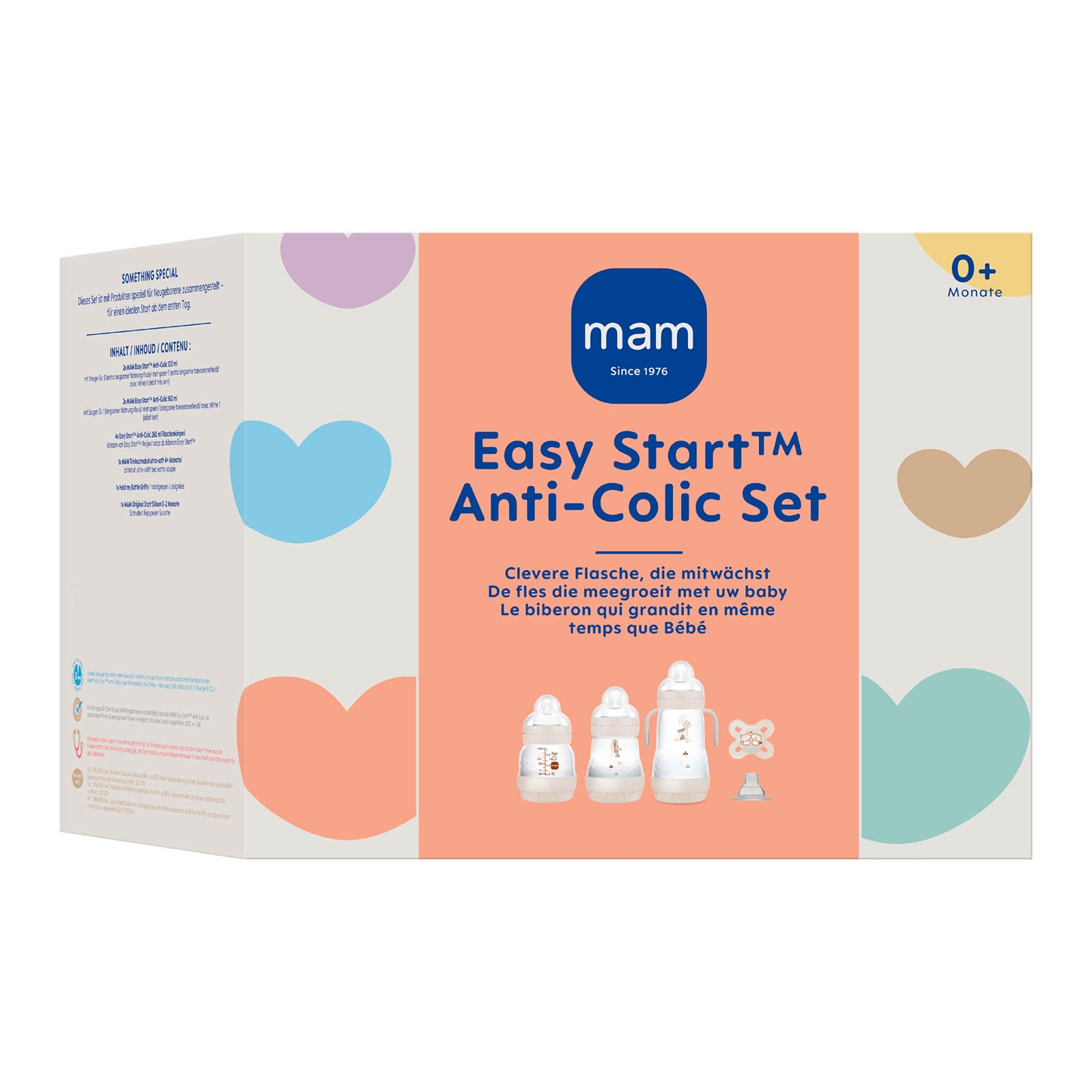 MAM Easy Start Kit de démarrage anti-coliques auto-stérilisant unisexe pour nouveau-né 0 + set de biberons et sucette avec tétines extra petites pour lait maternel, essentiels pour nouveau-né, couleur