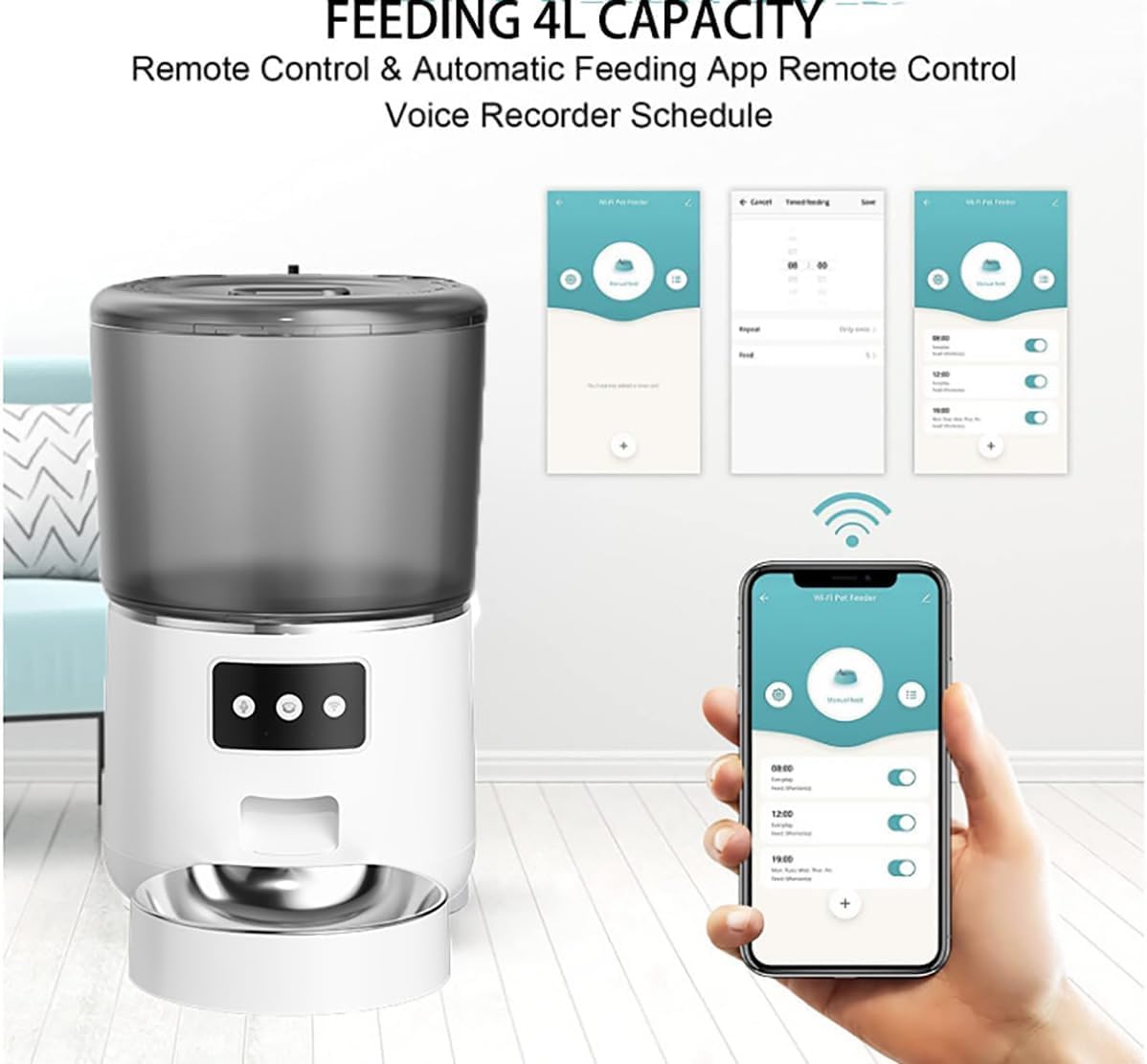 Dispenser Temporizzato Per Cibo Per Cani E Gatti Da 4 Litri Con Design Con Pendenza Ripida Di 45°, Doppia Alimentazione E Mangiatoia Per Gatti WiFi, Controllo APP, Buona Tenuta Per Cani E Gatti
