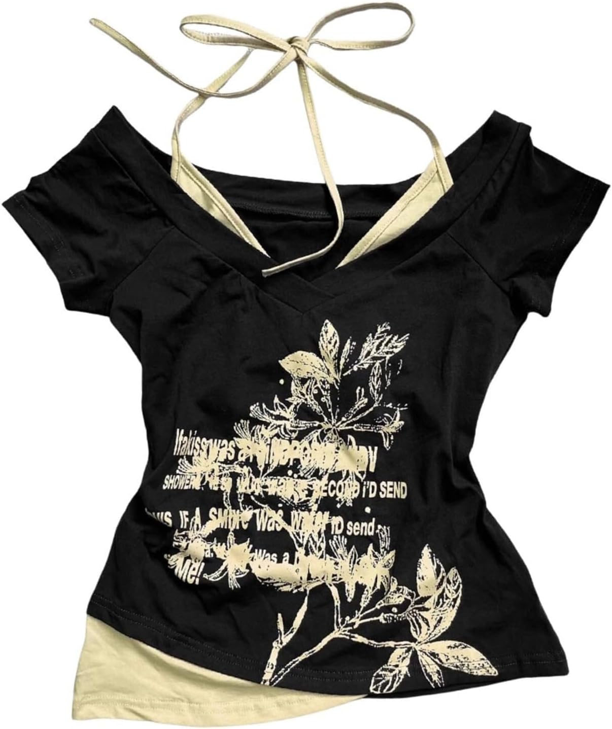 Women Y2k Emo Grunge Graphic Baby Tees Fake Two Piece Short Sleeve Vintage Crop Top 2000s Goth Alt Clothes Streetwear
