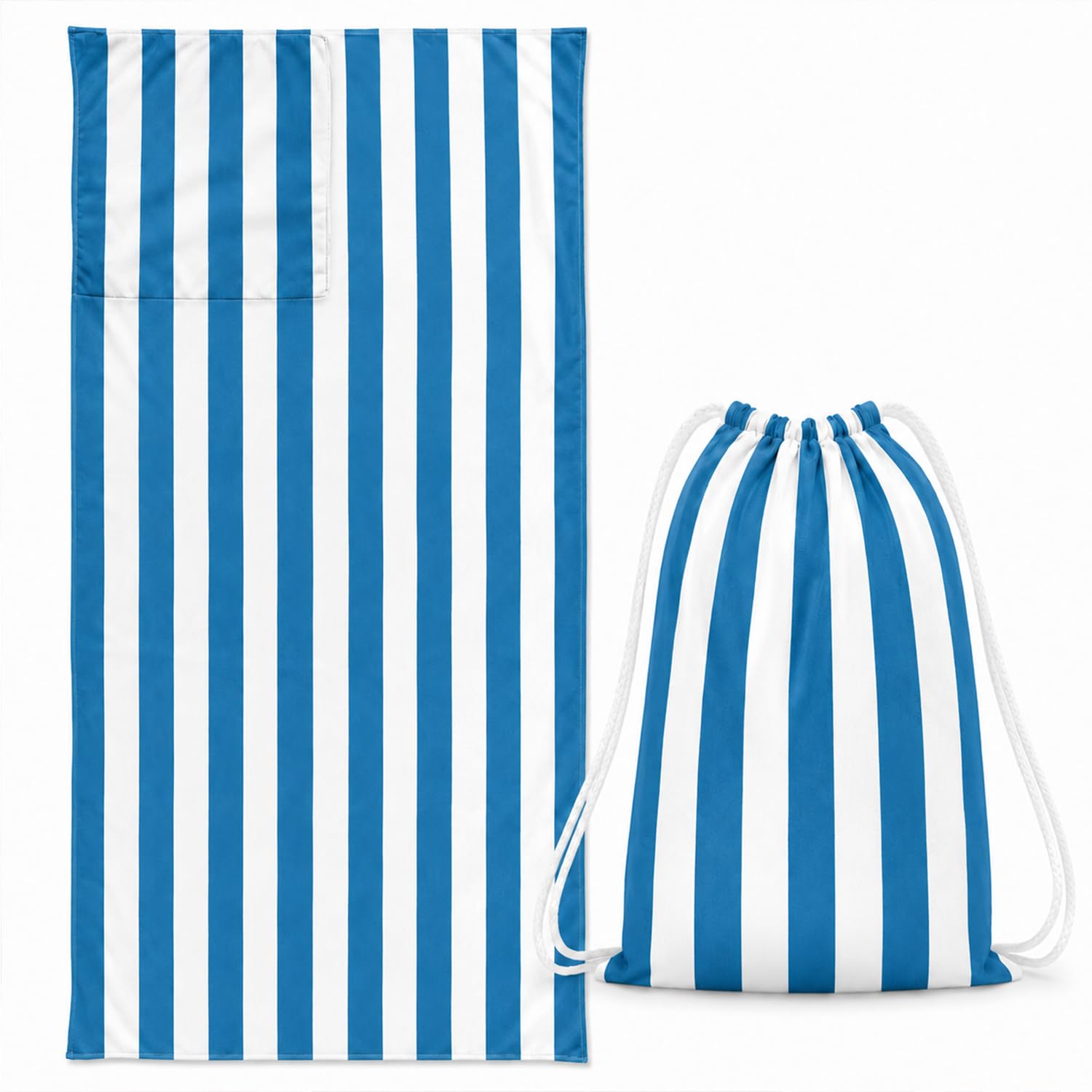 Treer Beach Towel That Turns Into a Drawstring Bag, 2 in 1 Backpack Microfibre Lightweight Large Beach Towels for Adults Travel Gym Yoga Swimming Summer -70x140cm, Blue Stripes