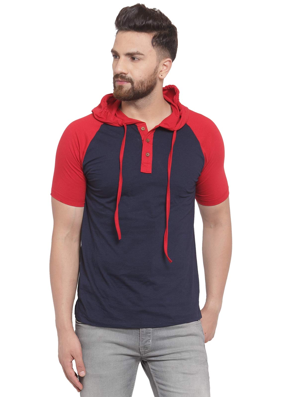 kalt Men's Half Sleeves Dual Colour Cotton Blend Hoodie(Navy::Red)-picture-22