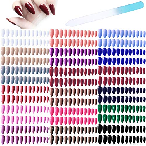 432pc Glossy Solid Color Stiletto False Nails 18 Colors Almond Nail Tips Kit Artificial Fake nails Full Cover Fingernails with a Crystal Nail File for Nail Art Salon DIY Decoration