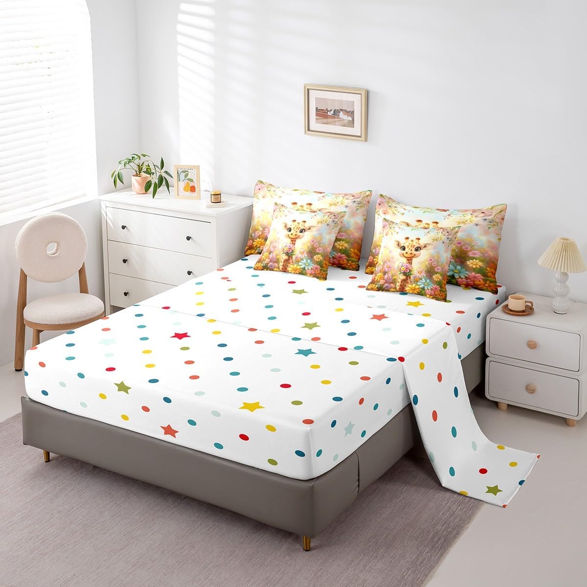 Cartoon Giraffe Full Comforter Set with Sheets Bed in a Bag 7 Pcs,Dreamy Flowers Daisy Girls Kids Boys Bed Set,Cute Giraffe Bedding Sets with Comforter,Flat,Fitted Sheet,Pillowcases,Pillow Covers