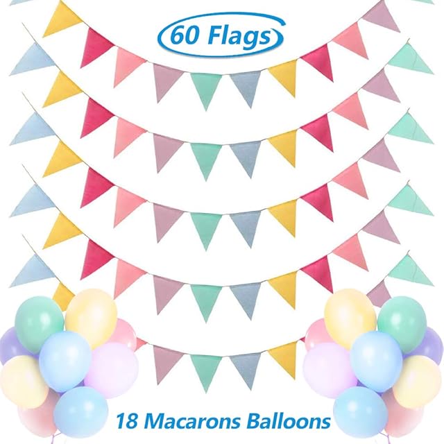 DYFFLE 60 Flags 67ft Bunting Flags, Imitated Linen Bunting Outdoor Waterproof, Festival Bunting with 18 Macarons Balloons, Garden Bunting for Home, Birthday, Party Garden Decoration (5 Bunting Banner)