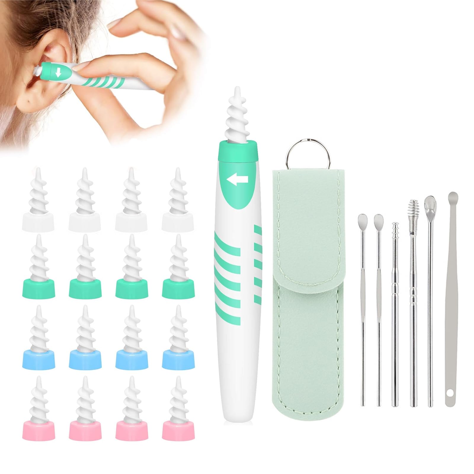 AYNKH Kit d'extraction du cérumen avec 16 embouts en silicone doux, 6 embouts en acier inoxydable et un sac portable pour les enfants et les adultes