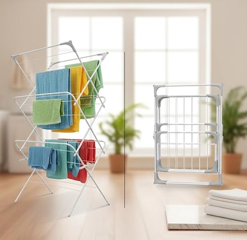 SuperGift.com Durable 3-Tier Folding Clothes Airer with Ample Drying Space, Compact and Lightweight Design, Ideal for Indoor and Outdoor Use, Easy to Fold and Store, White