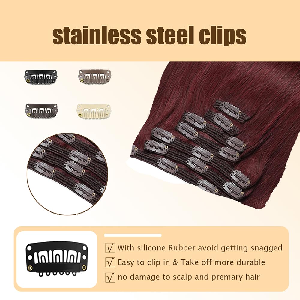 16 Inch #99J Burgundy Straight Clip in Human Hair Extensions 120g 7pcs Knotless Thick And Soft Wine Red Clip ins Straight Hair Extensions for Women