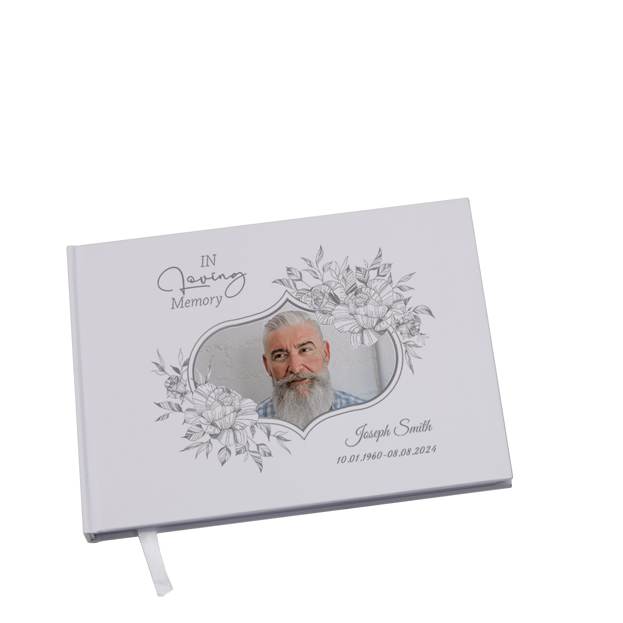 Personalised Male Grey Funeral Memorial Condolence Guest Book With Photo