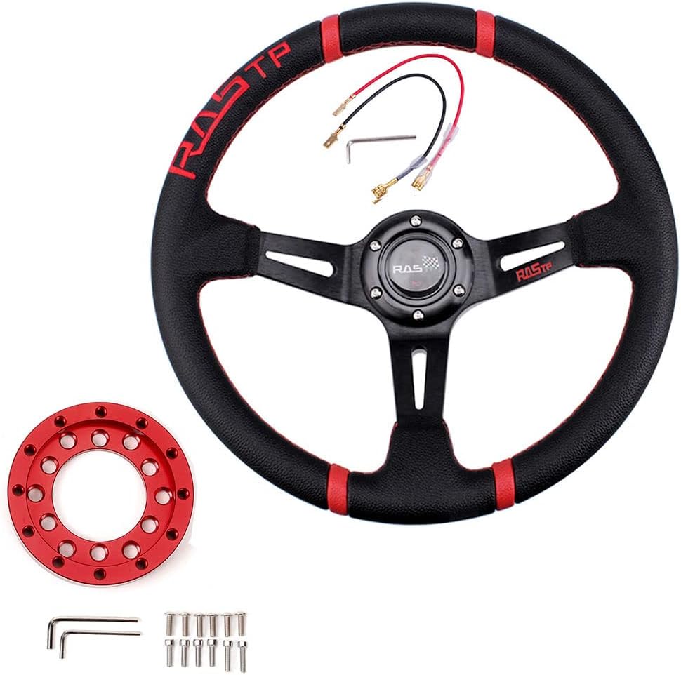 RASTP 13.58”/345mm Racing Steering Wheel with Sim Racing Gaming Steering Wheel Adapter Plate for Logitech G25 G27(Black-Red)