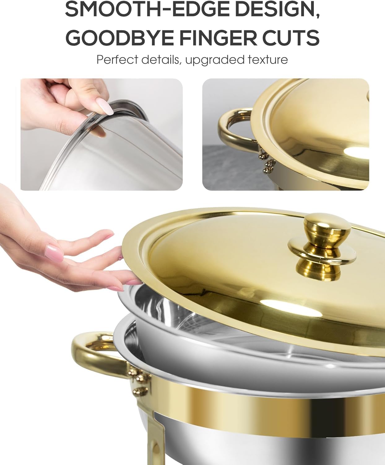Chafing Dish Zestaw do podgrzewania potraw 5 l [wytrzymały i wysokiej jakości], 4 szt. pojemników utrzymujących ciepło ze stali nierdzewnej, okrągłe, złote, eleganckie, złote, podgrzewacze
