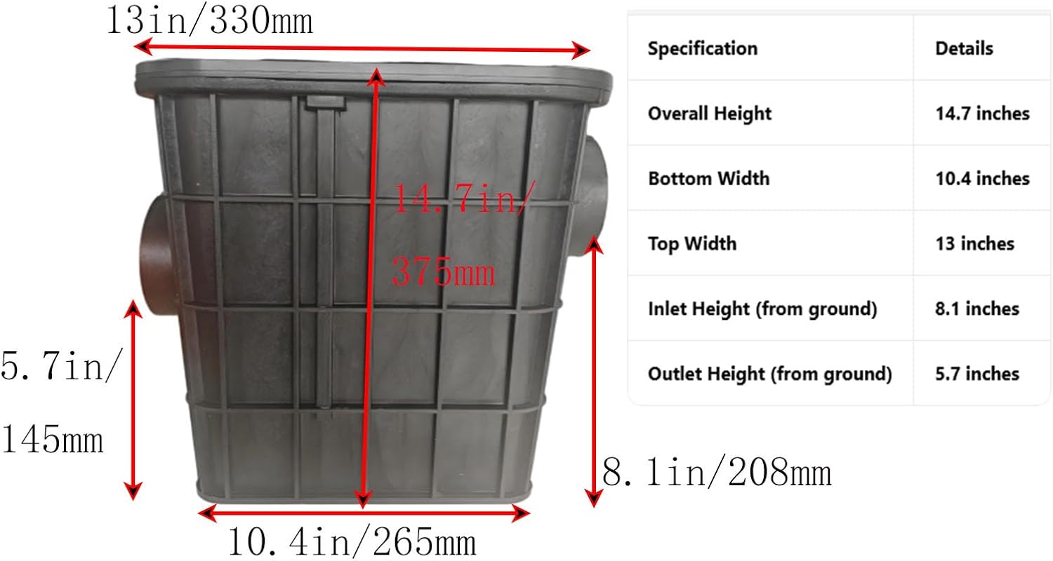 Outdoor Sink Debris Interceptor, 14.7" Sediment Trap with Removable Filter Basket & Internal Baffles for Utility, Garden & Garage Sinks