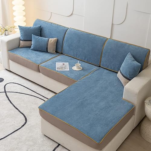 vctops Funda de pana impermeable para sofá de 1/2/3 cojines, suave y antideslizante en forma de L, color liso, protector de muebles para niños, Azul