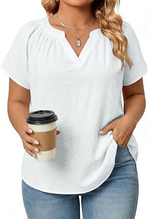Yesfashion Women Plus Size Tops V Neck Short Sleeve Shirts Summer Blouses Very Little Stretch Order1-2 Size Up