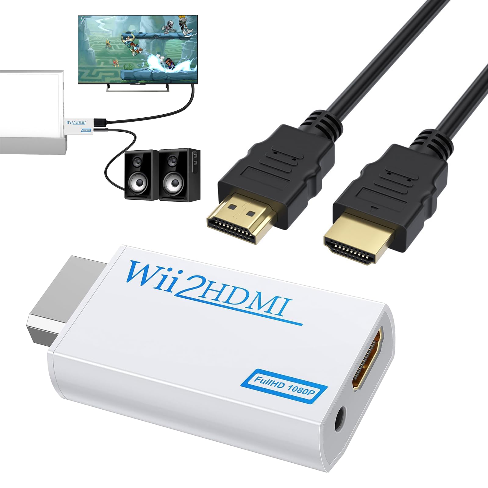 Wii HDMI Adapter mit 1,5 m HDMI Kabel 1080P,Wii Adapter Hdmi Konverter mit 1080P/720P Eingang und Ausgang Video und Audio 3,5 mm,für Wii Konsole HDMI Monitor HDTV Video Projektor