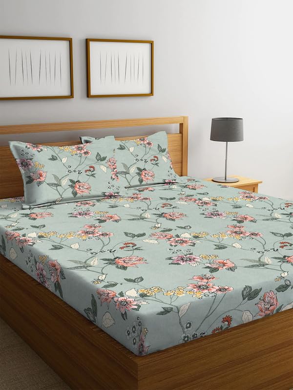 Image of la'amour 100% Cotton Elastic Fitted Bedsheets with 2 King Size Pillow Covers Double Bed with All Around Elastic Supersoft Size - 72 King Sizex78+10 inches Grey & White 200 tc - 220 tc