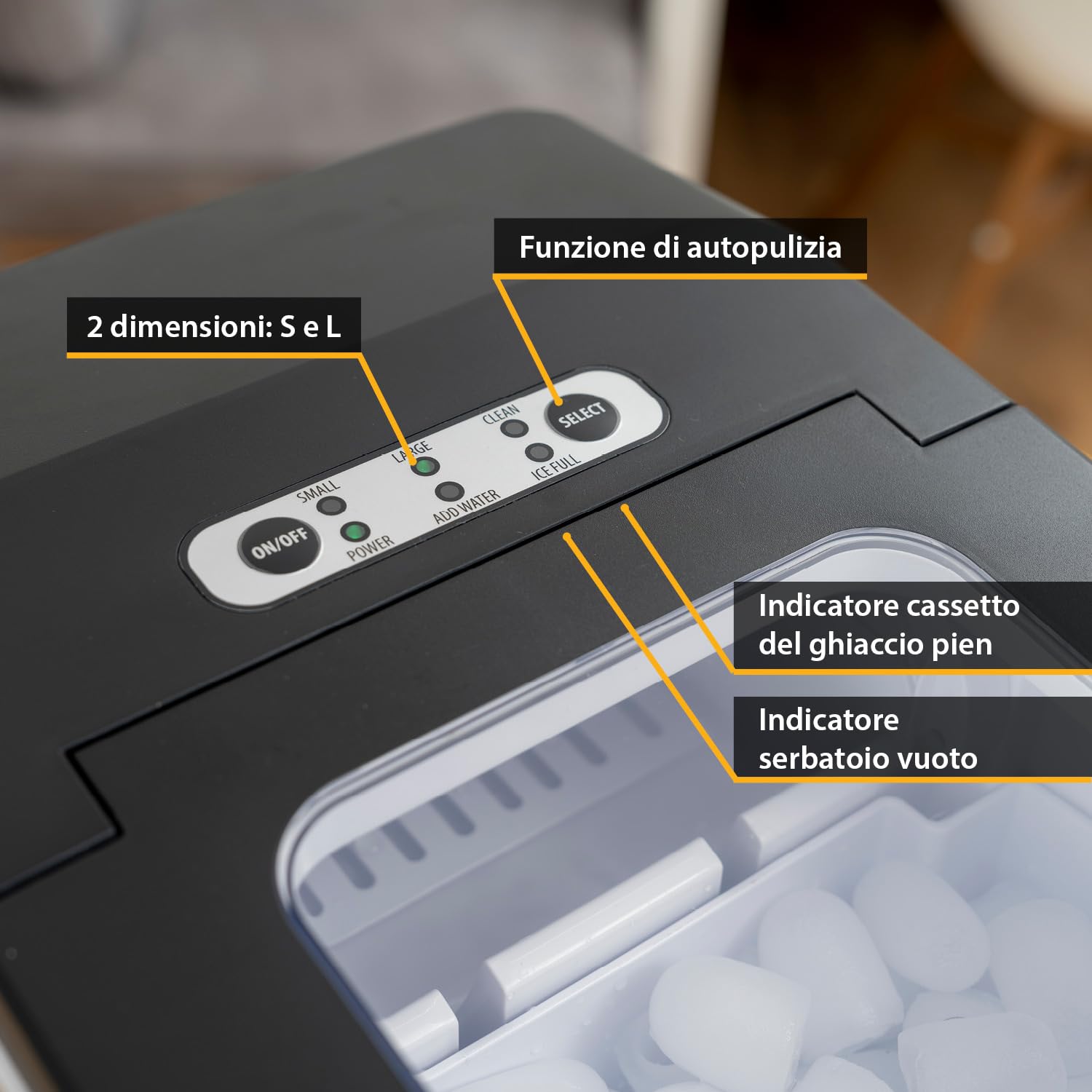 TZS First Austria - Macchina del Ghiaccio 1,8L - 150W con Compressore - 9 Cubetti di Ghiaccio pronto in 7-9 Minuti - 2 Dimensioni (S/L) - 12 kg/giorno - Produttore di Ghiaccio Portatile - Nero