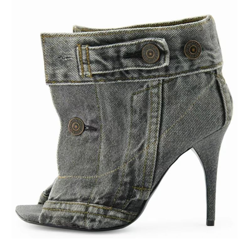 VERISSON Women's Square Toe Canvas Ankle Boots Studded Buttons Stiletto Ankle-cuff Denim Boots