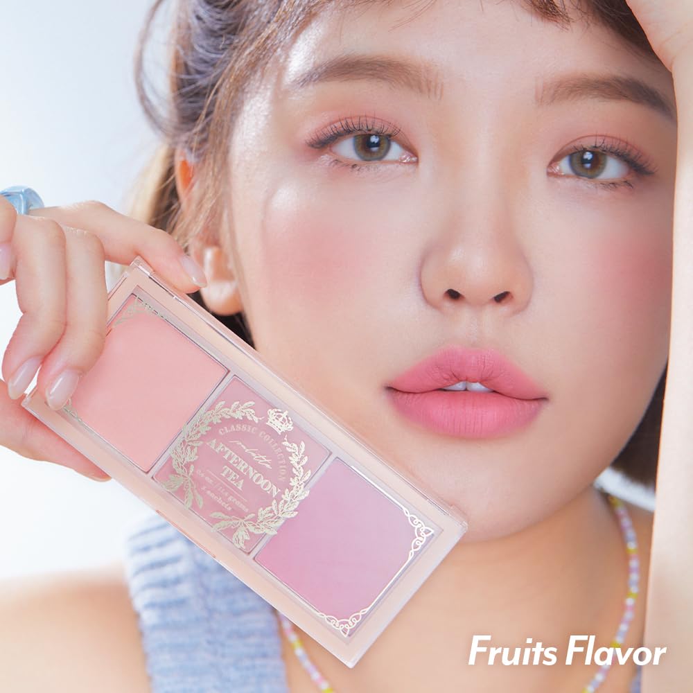 Paleta Blusher - Té de la tarde - Fruta FLavor | Rosa suave, melocotón, lavanda, paleta de 3 tonos, polvo mate, cara y mejillas, para todos los tonos de piel, acabado en polvo, fórmula ligera 2