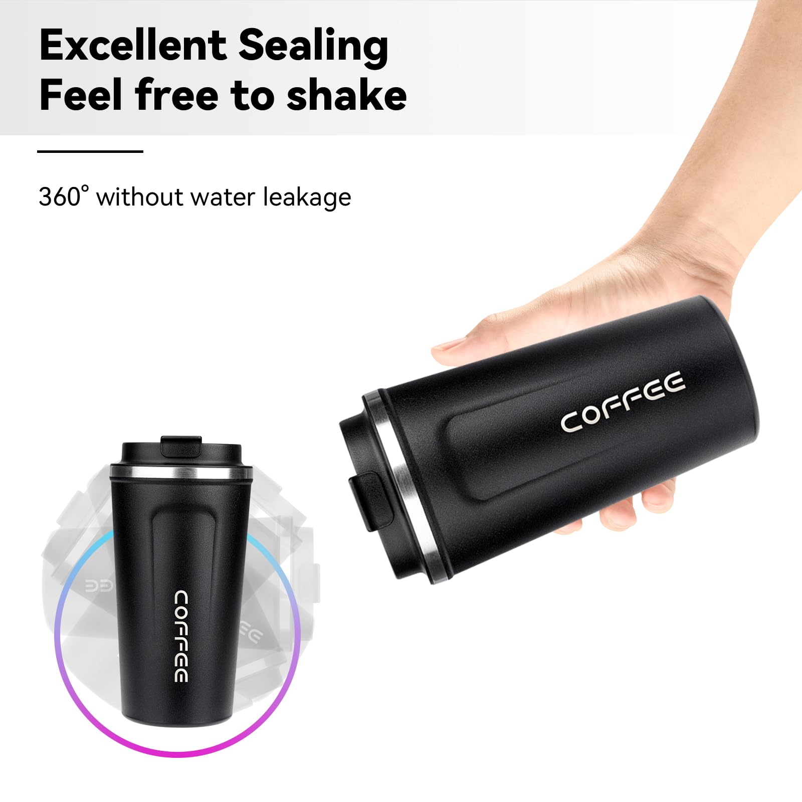 ERBO Tazza termica da caffè in acciaio inox con coperchio, a prova di perdite, per caffè da go, tazza termica da viaggio, 420 ml, colore nero
