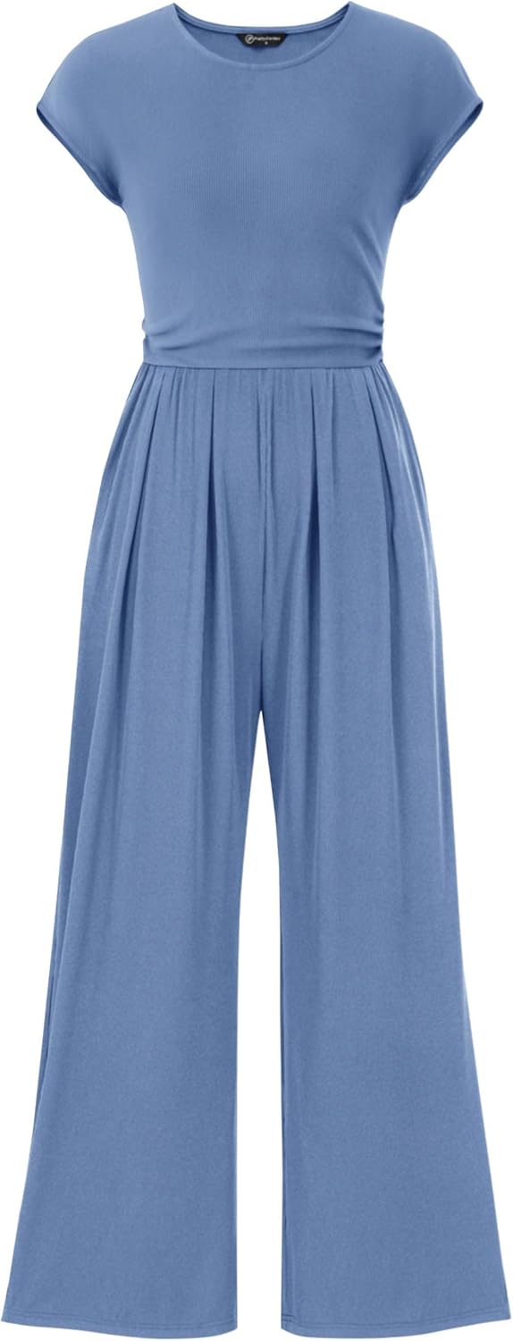 PRETTYGARDEN Summer Jumpsuits for Women Dressy 2025 Ribbed Cap Sleeve Wide Leg Pants Rompers Elegant Casual One Piece Outfits