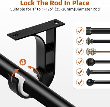 4 Pack Ceiling Curtain Rod Brackets, Heavy Duty Curtain Rod Holders, Ceiling Brackets for 1 Inch Rod, Black Curtain Rod Hooks Rod Hanger