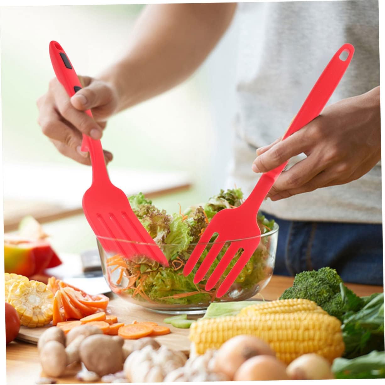 SHOWERORO 2pcs Silicone Cooking Fork Set Flexible Ergonomic Noodle Forks for Pasta Serving Non-Stick Kitchen Gadgets Dishwasher Safe