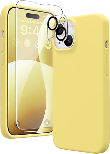 Miniatura 1 de GONEZ Funda compatible con iPhone 15, funda de silicona líquida con 2 protectores de pantalla + 2 protectores de lente de cámara, forro de
