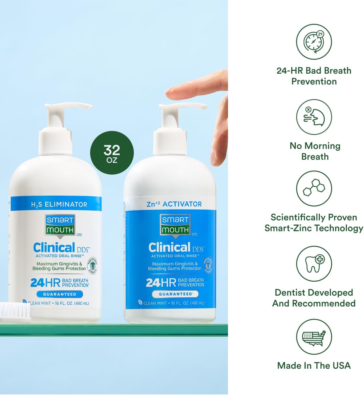 SmartMouth Clinical 2-Bottle Activated Mouthwash System - Anti-Plaque & Anti-Gingivitis for Healthy Gum Support - Clinical-Strength Mouthwash for All-Day Fresh Breath - Alcohol-Free - 16 fl oz Each