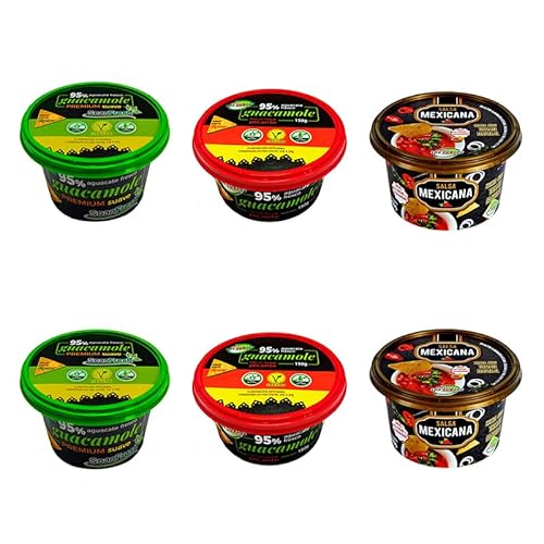Guacamole tradicional Suave, Guacamole Picante y Salsa mexicana de tomate. PACK MIXTO - 6 (2 tarrinas de cada producto). Salsa de guacamole Estilo Casero. Elaborado con 95% de aguacate fresco