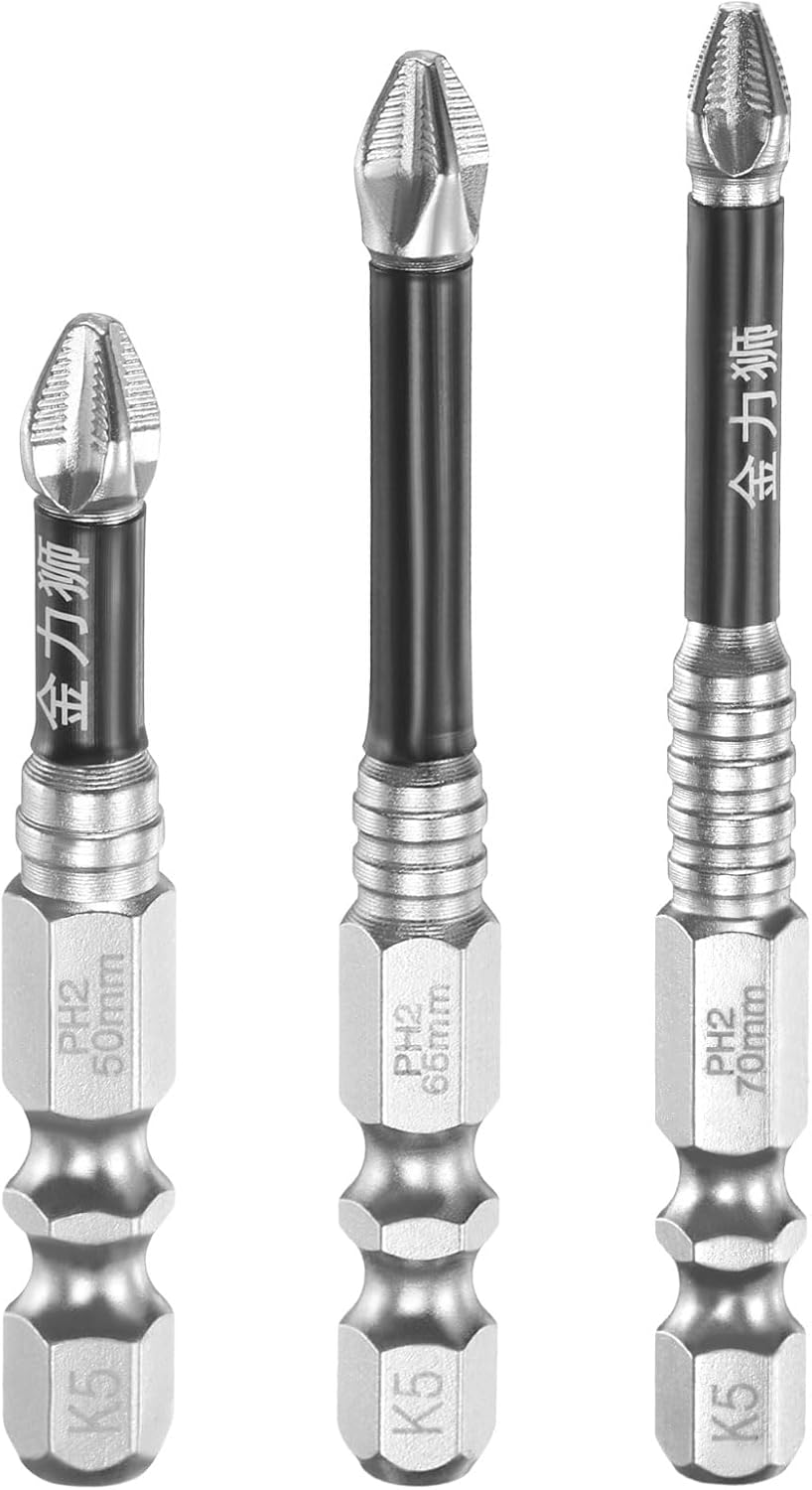 HARFINGTON 3pcs #2 Anti Slip Phillips Impact Screwdriver Bit PH2 1/4" Hex Shank 2+2.6+2.8" Magnetic Cross Head Drill Bits Chrome Plated S2 Steel Screw Driver Power Electric Tools