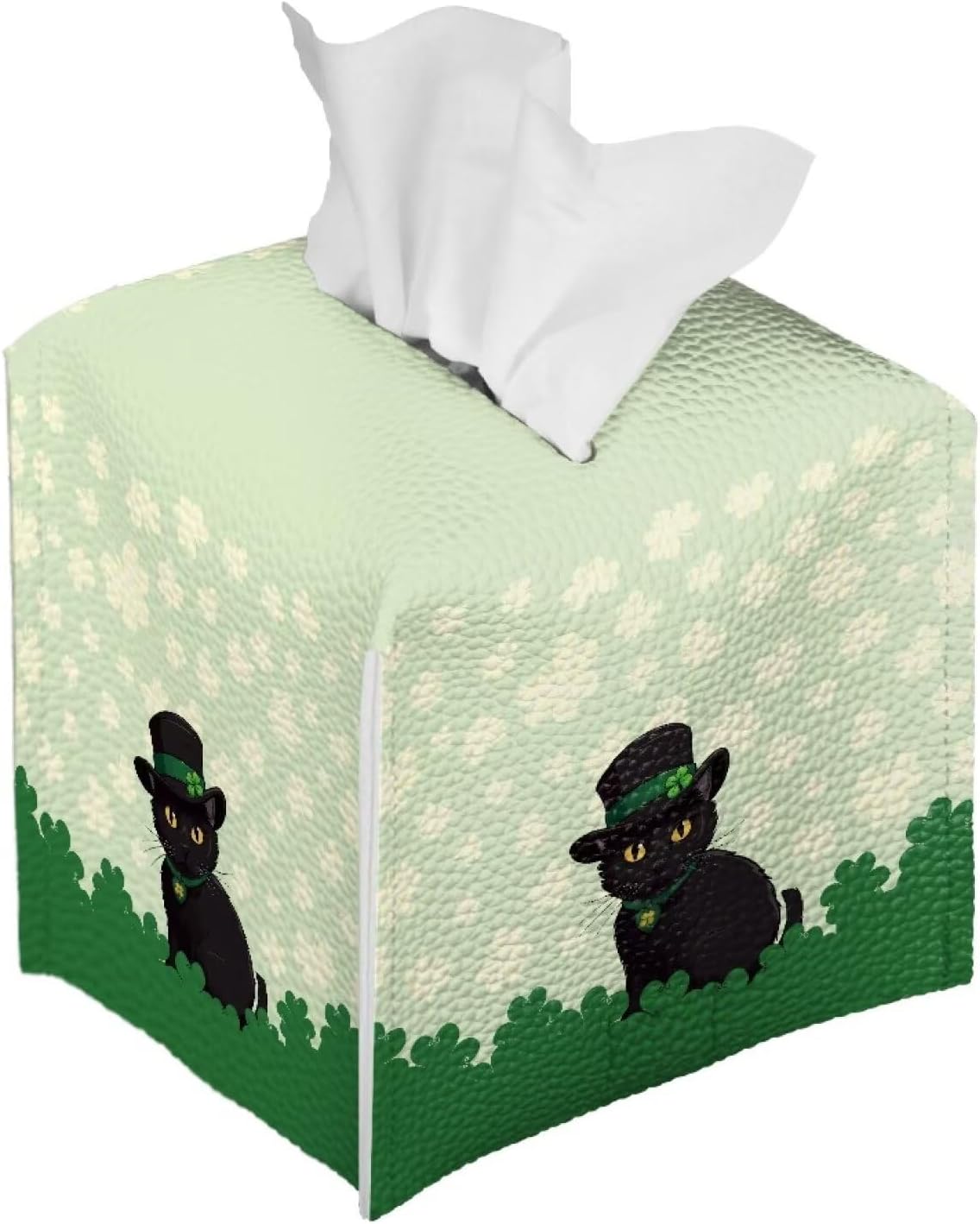 Xoenoiee Black Cat Shamrock Pattern Tissue Box Cover, PU Leather Square Tissue Box Holder - Decorative Holder/Organizer for Bathroom Vanity Countertop Office Desk, St.Patrick's Day Decor image 2