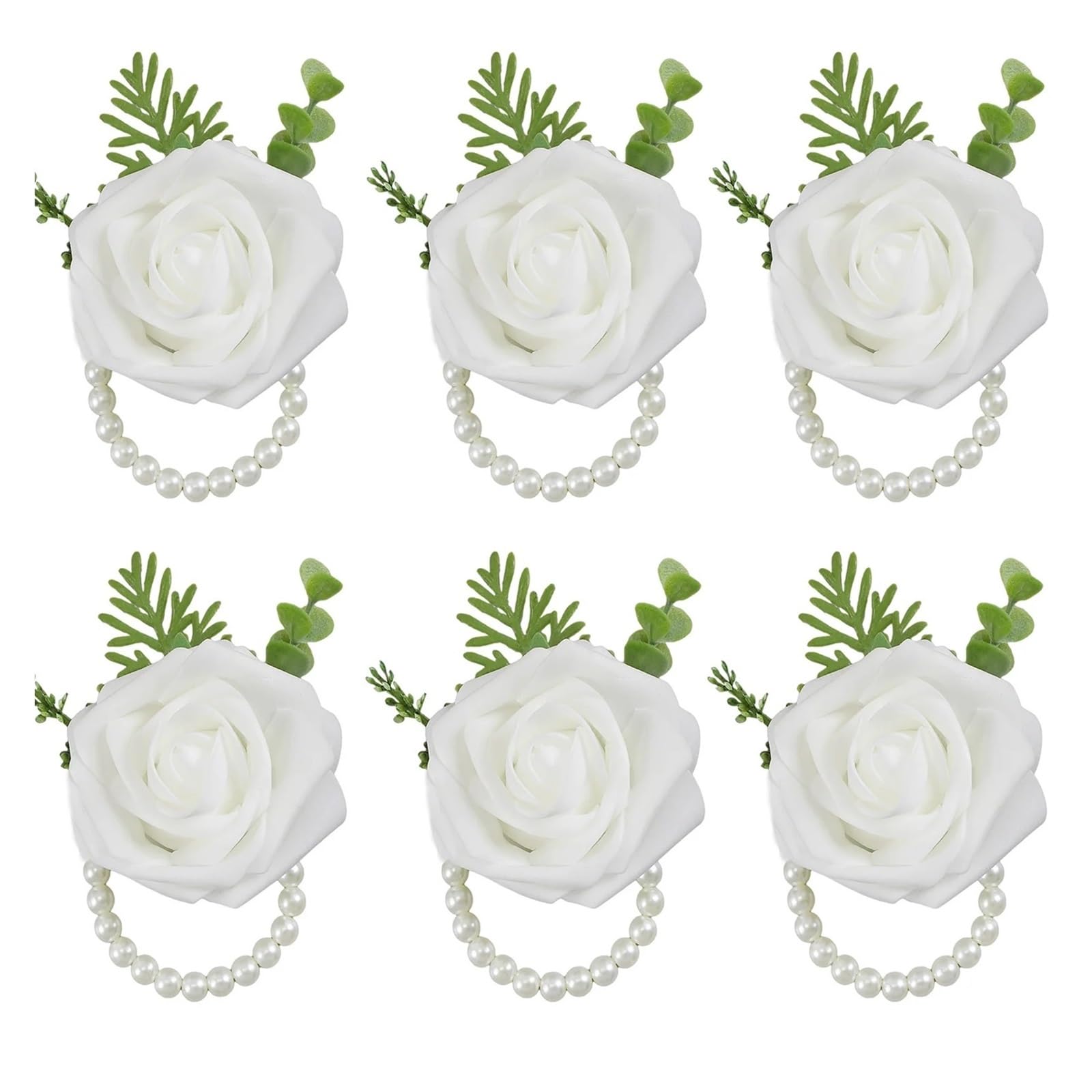Hzomif Two-Tone Artificial Rose Wrist Corsage 6pcs Bridesmaids Wrist Corsage Bracelet Wedding Accessories PE Rose Flowers Artificial Cuff Bracelets(WHITE)