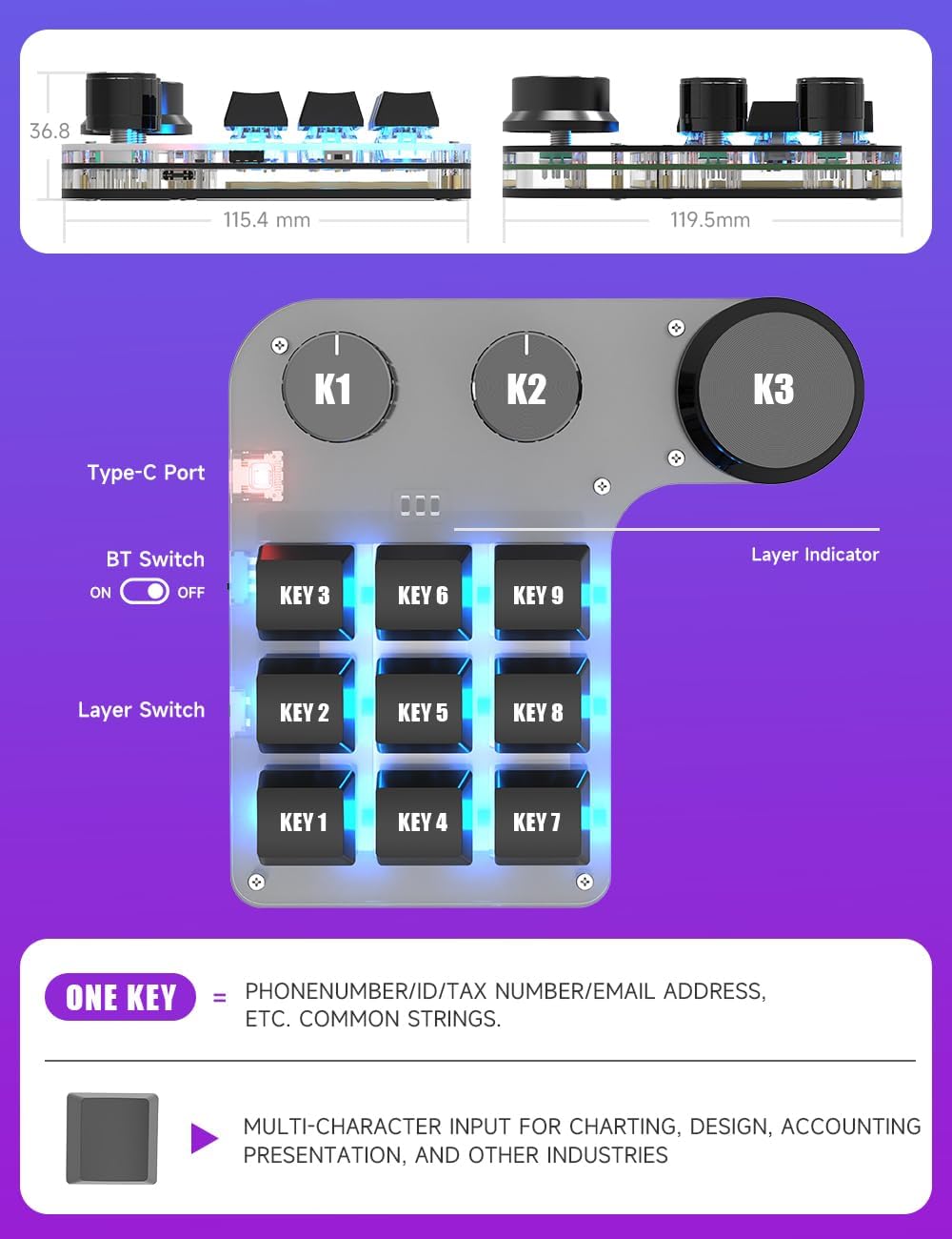 9-Keys USB Mini Keypad, Programming Macro Pad with 3 Knobs, RGB Macro Mechanical Gaming Keyboard for OSU NKRO, Hot-Keys One-Handed Mechanical Keyboard (9Key 2.4G)
