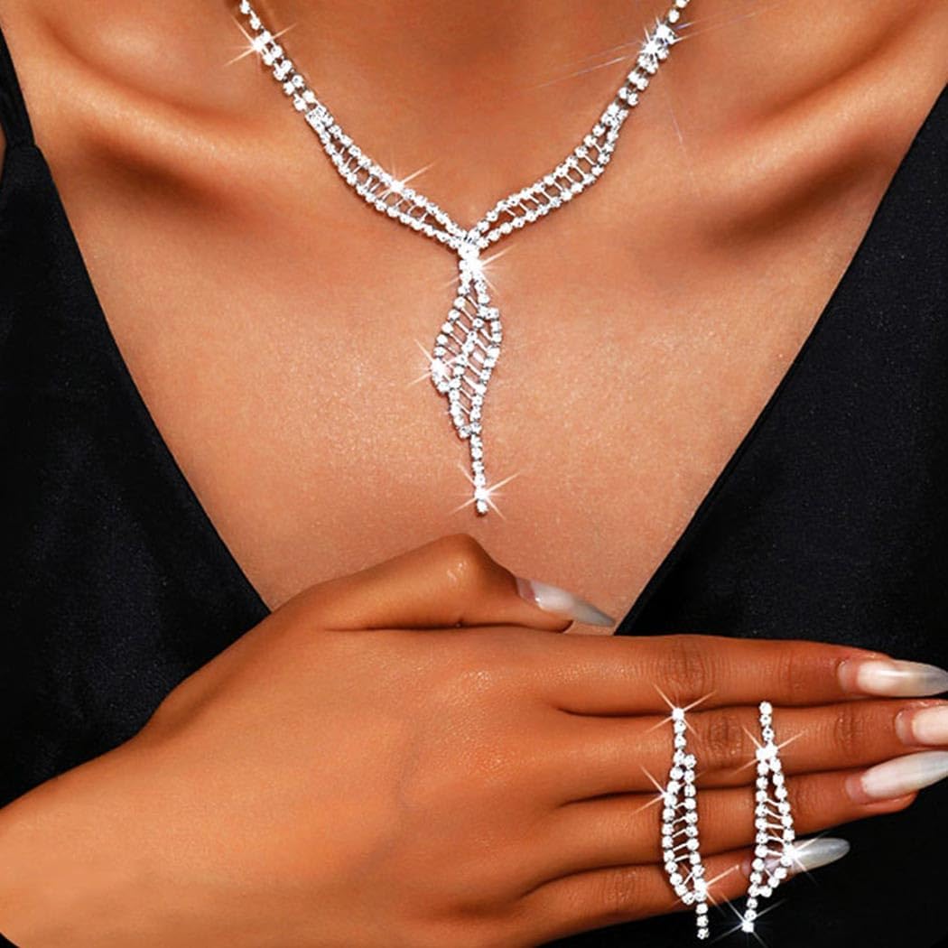 TWINKLEDE Wedding Rhinestone Necklace and Earrings Silver Bridal Jewelry Sets for Women - Image 2
