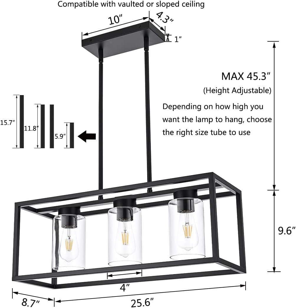 Farmhouse Chandeliers for Kitchen Island, Matte Black 3-Light Dining Room Lighting Fixtures, Modern Rectangular Pendant Lighting Chandelier with Clear Glass Shade (Black, 3-Lights)
