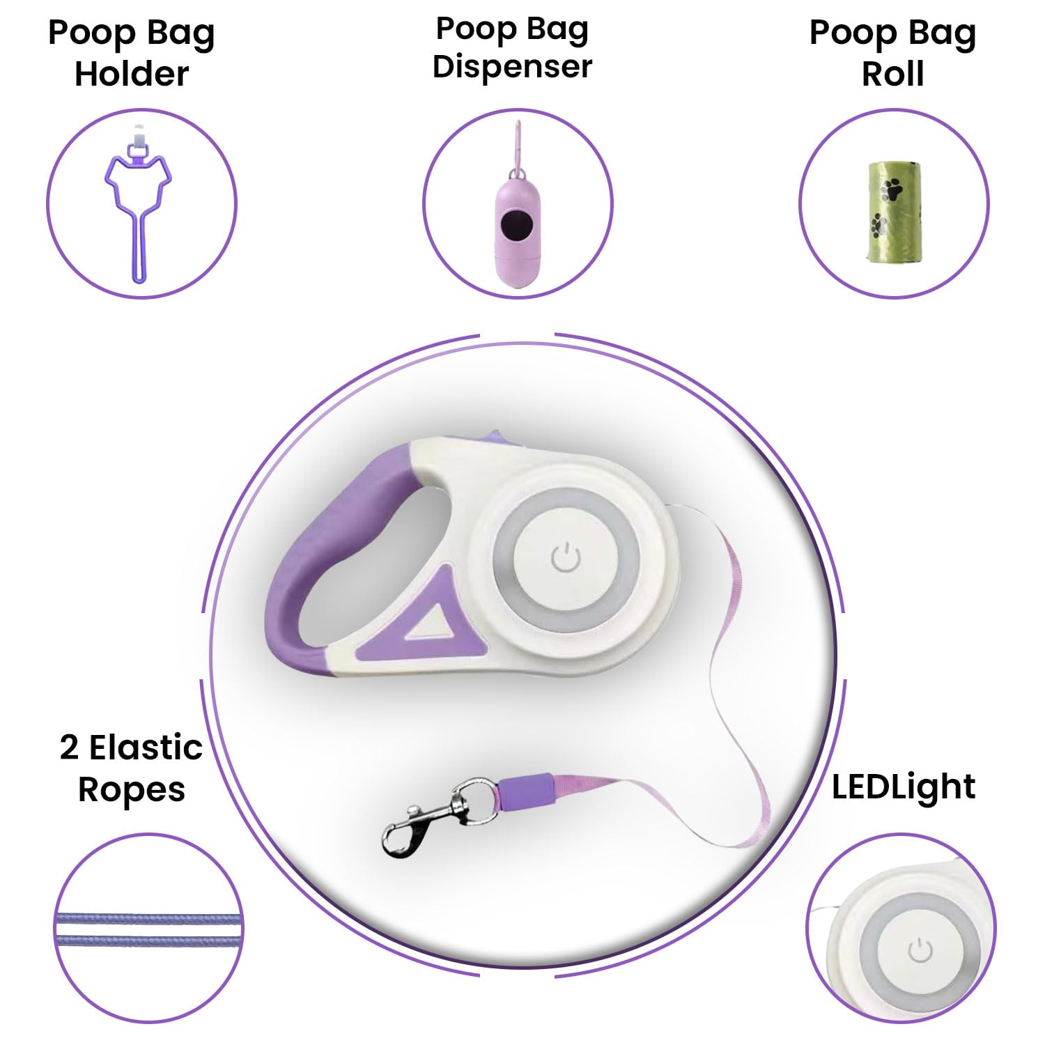 Best Dog Supplies Lot de 4 laisses rétractables violettes pour chien avec lumière, distributeur de sacs à déjections, support de sac à déjections canines, 2 cordes élastiques