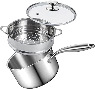 Steamer for Cooking, 1.5 Quart Saucepan with Steamer Basket, 18/8 Tri-ply Construction Stainless Steel Steamer Pot, Sauce pan with Lid 2-tier for Cooking Vegetables, Seafood, Soups, Stews and Pasta