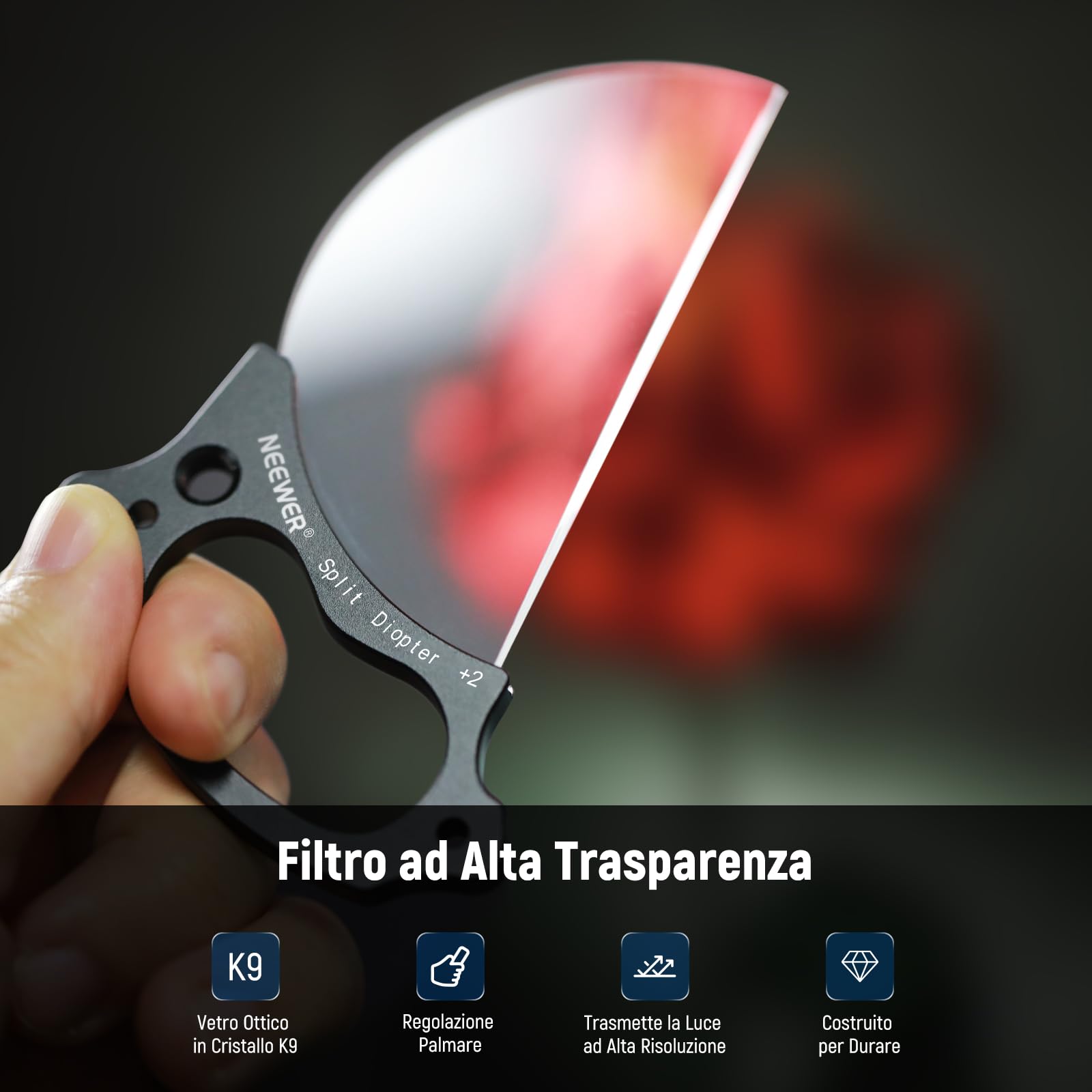 NEEWER 79mm Filtro Effetto Diottrico Diviso Filtro Prisma a Mezza Cupola con Maniglia, Foro per Vite 1/4" per Broccio Magico Mini Treppiede, Vetro Ottico BK9 Semicircolare per Sfocatura in Primo Piano