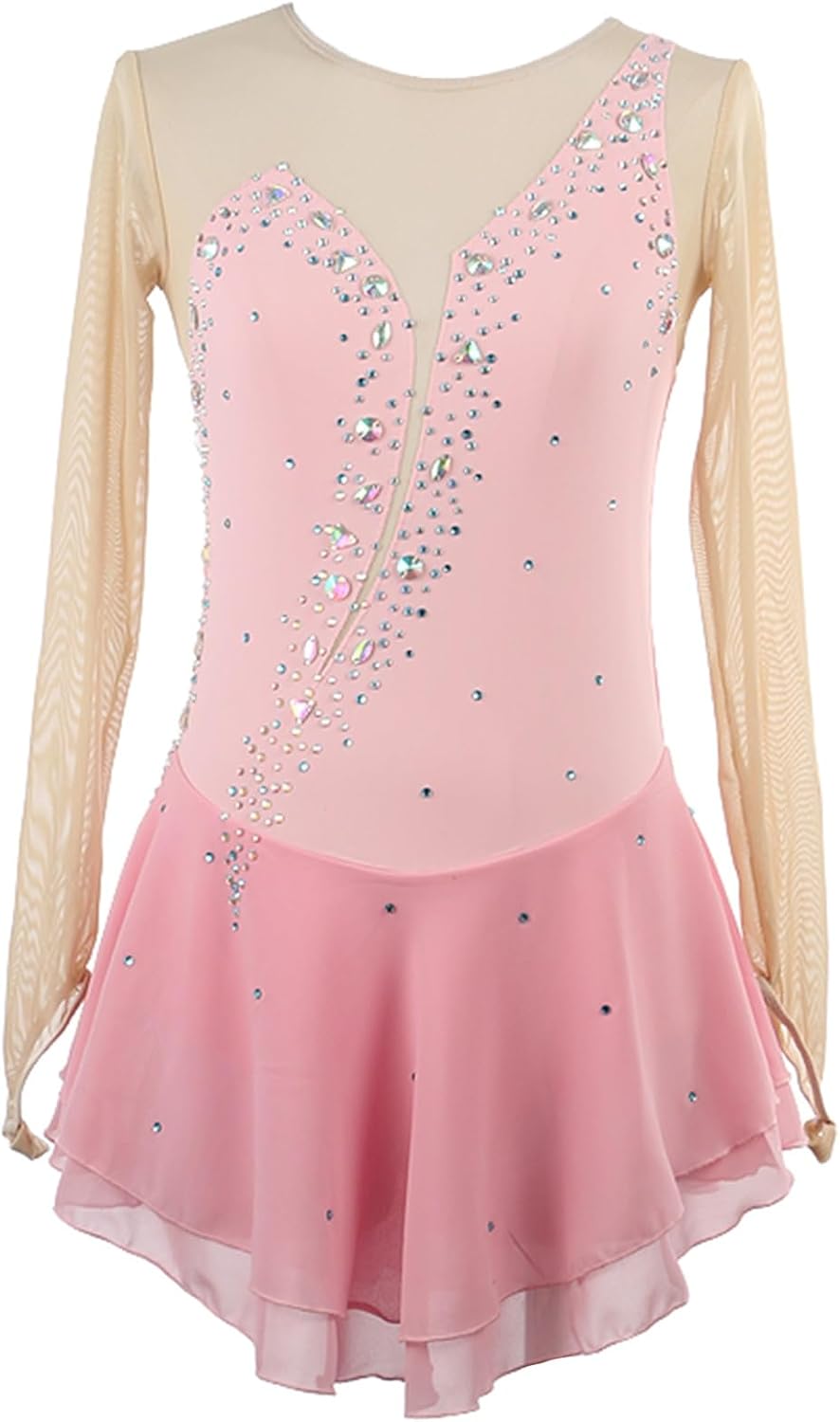 Long Sleeve Girl Women Figure Skating Dress Ice Skating Dresses Handmade Training Wear Performing Costumes
