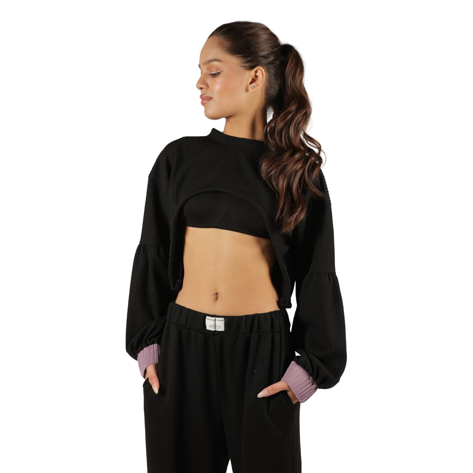 the pocca Women's Ultimate Black Ribbed Crop Top Size M,L,XL | Long Sleeve Pullover Sweatshirt with Contrast Cuffs | Trendy Streetwear Top for Women | Oversized Fit, Soft Knit Fabric-picture-11