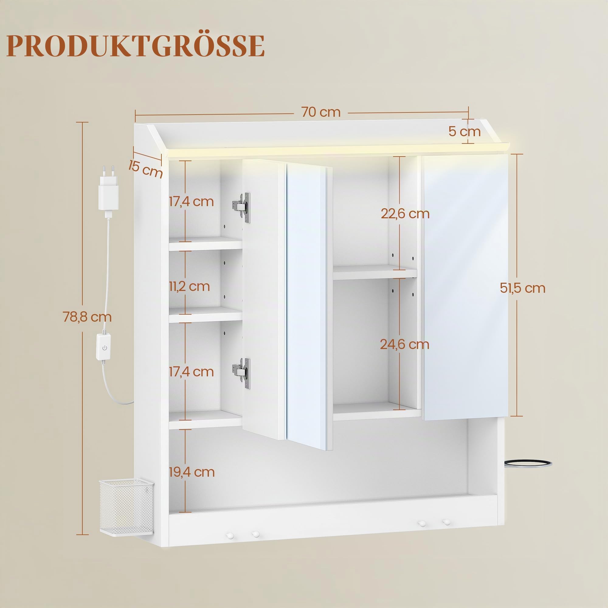 HEXCELEN 70 cm Spiegelschrank Bad, Badezimmerschrank mit Spiegel, Haken | Wandschrank mit 3 Türen, Verstellbarer Etagen, für Badezimmer, 15 x 70 x 78,8 cm, Weiß