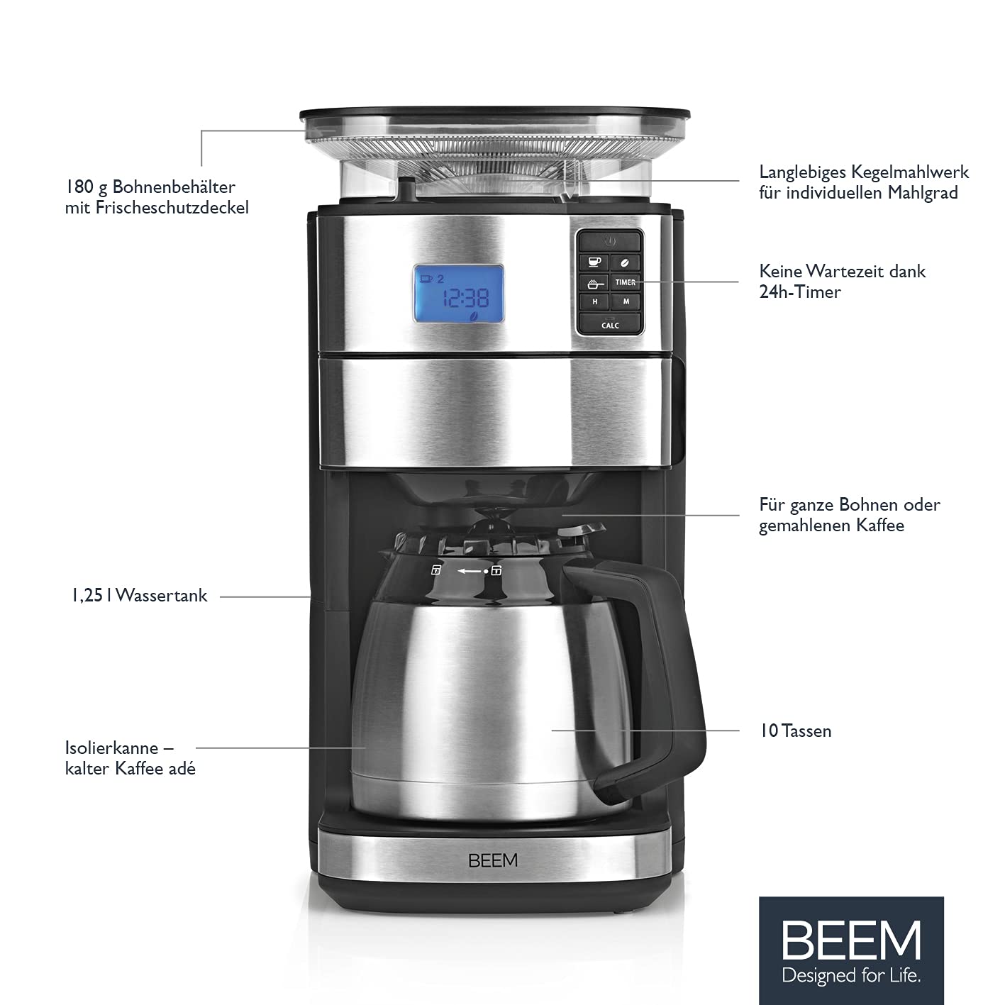 Caffettiera filtrante BEEM FRESH-AROMA-PERFECT II con macinacaffè - Thermo | in acciaio inox | caraffa termica | 24h-timer | 1000 W | contenitore per caffè in grani da 180 g