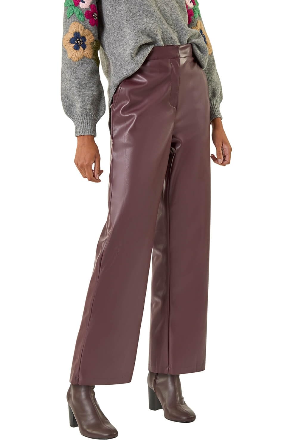 Roman Women's Wine Faux Leather Wide Leg Crop Trousers In | Size: 16