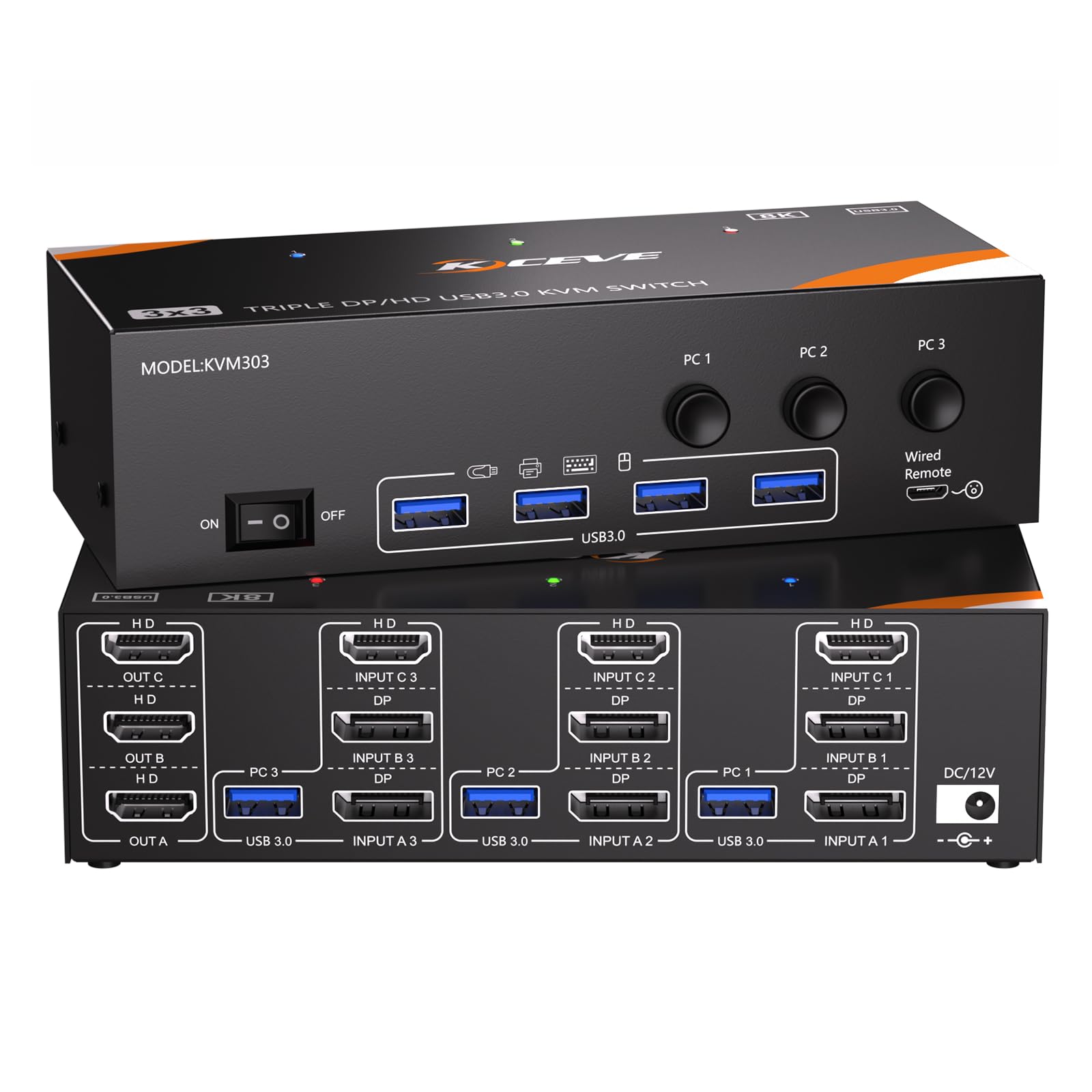 8K@60Hz KVM Switch 3 PCs 3 Monitore, 4K@120Hz HDMI DisplayPort KVM Switch drei Monitore, inklusive Netzteil, kabelgebundener Fernbedienung und USB 3.0-Kabel