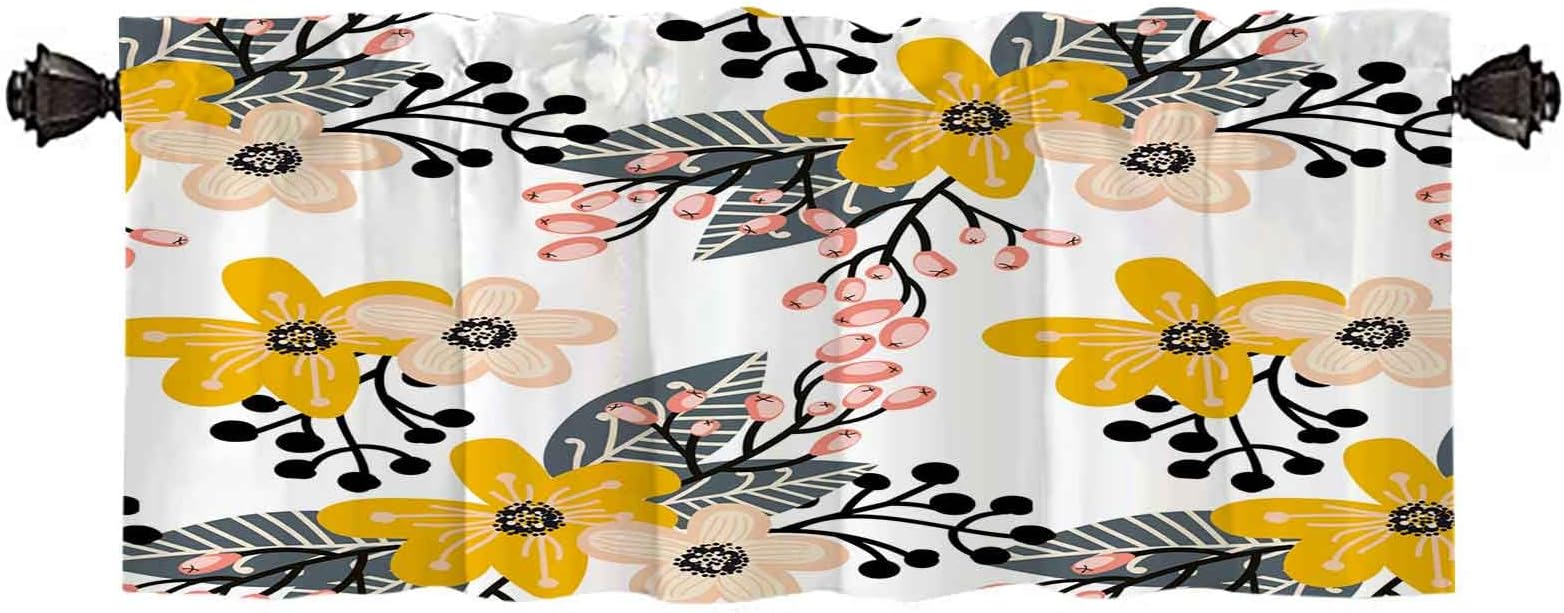 Valances for Windows 1 Pack 52" W X 18" L Window Kitchen Curtains Lpattern Bright Colorful Flowers Plants Branches Bathroom Cafe Laundry Basement Curtain Valance Curtains for Living Room