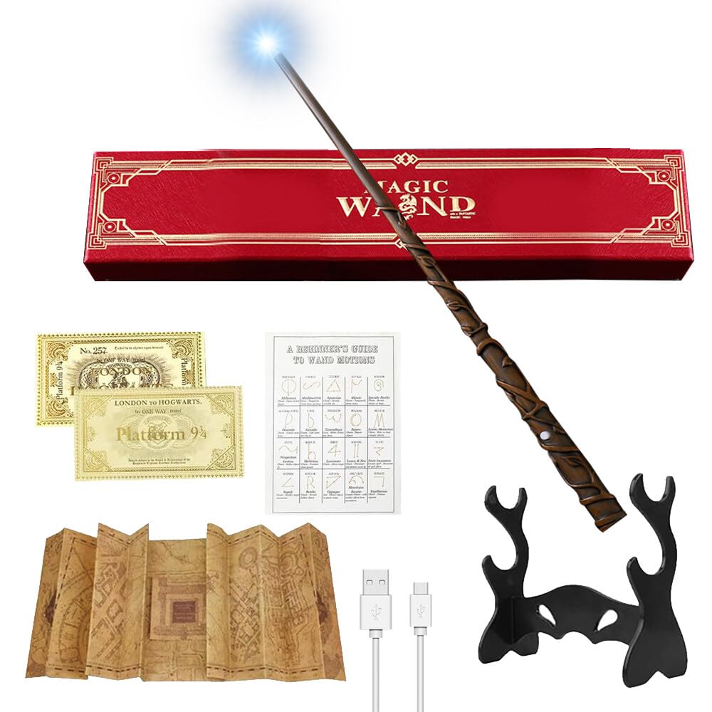 Accessoires Cosplay Sorcier Baguette Dumbledore Lumineuse USB – Coffret Harry Potter Avec Carte Sorts & Support