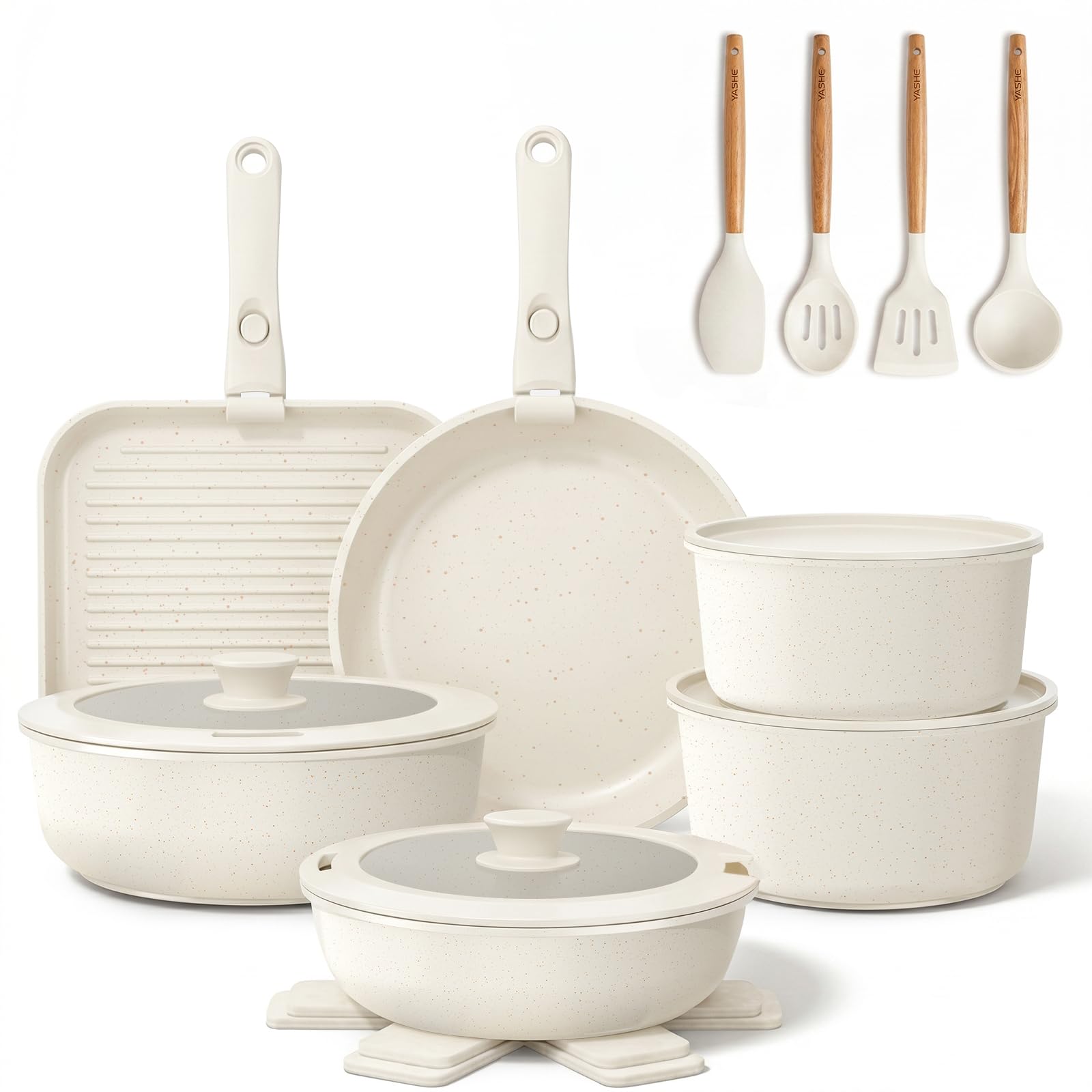 YASHE Batterie de cuisine 21 pièces, non toxique, sans PTFE ni PFAS | Non Toxique Set de Poêles et Casseroles en Granit, Compatibles Induction et Four, Empilable Gain de Place