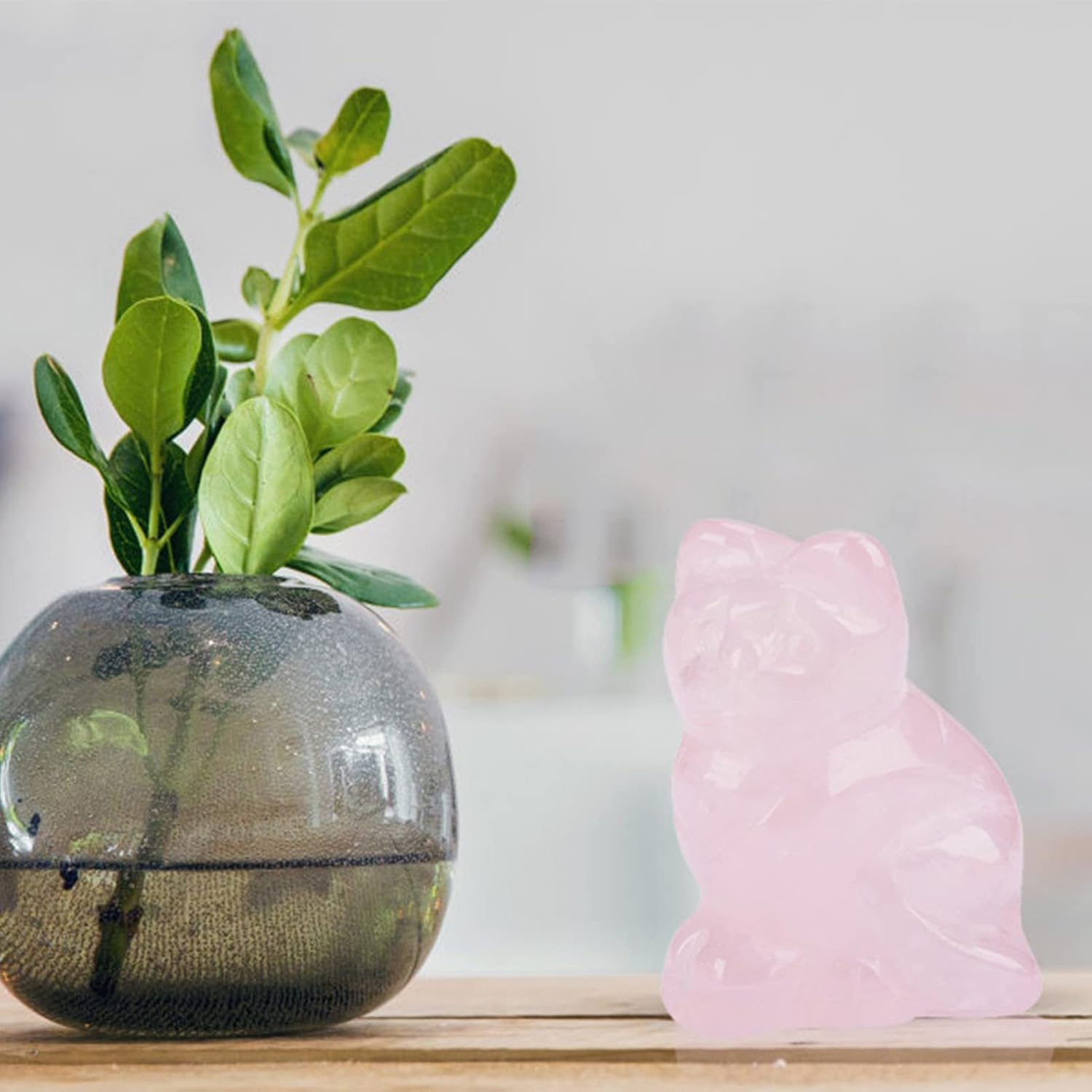 Walfront Rose Quartz Cat Statue, Crystal Crafts Healing Figurine Stone Decoration