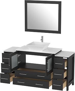 HomeBeyond 60 Bathroom Vanity Cabinet Vessel Single Sink Combo Set with 1 Mirror,Engineered Marble Top Compact Set with 8 Dovetail Drawers and Soft Closing Doors,Black