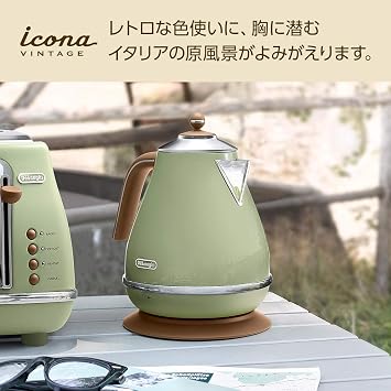 De'Longhi Electric Kettle Ikona Vintage KBOV1200J-GR Stainless Steel 1.0L 33.8 fl oz Easy-to-read Water Level Indicator Debris Filter Dry Boil Protection Easy Maintenance Olive Green